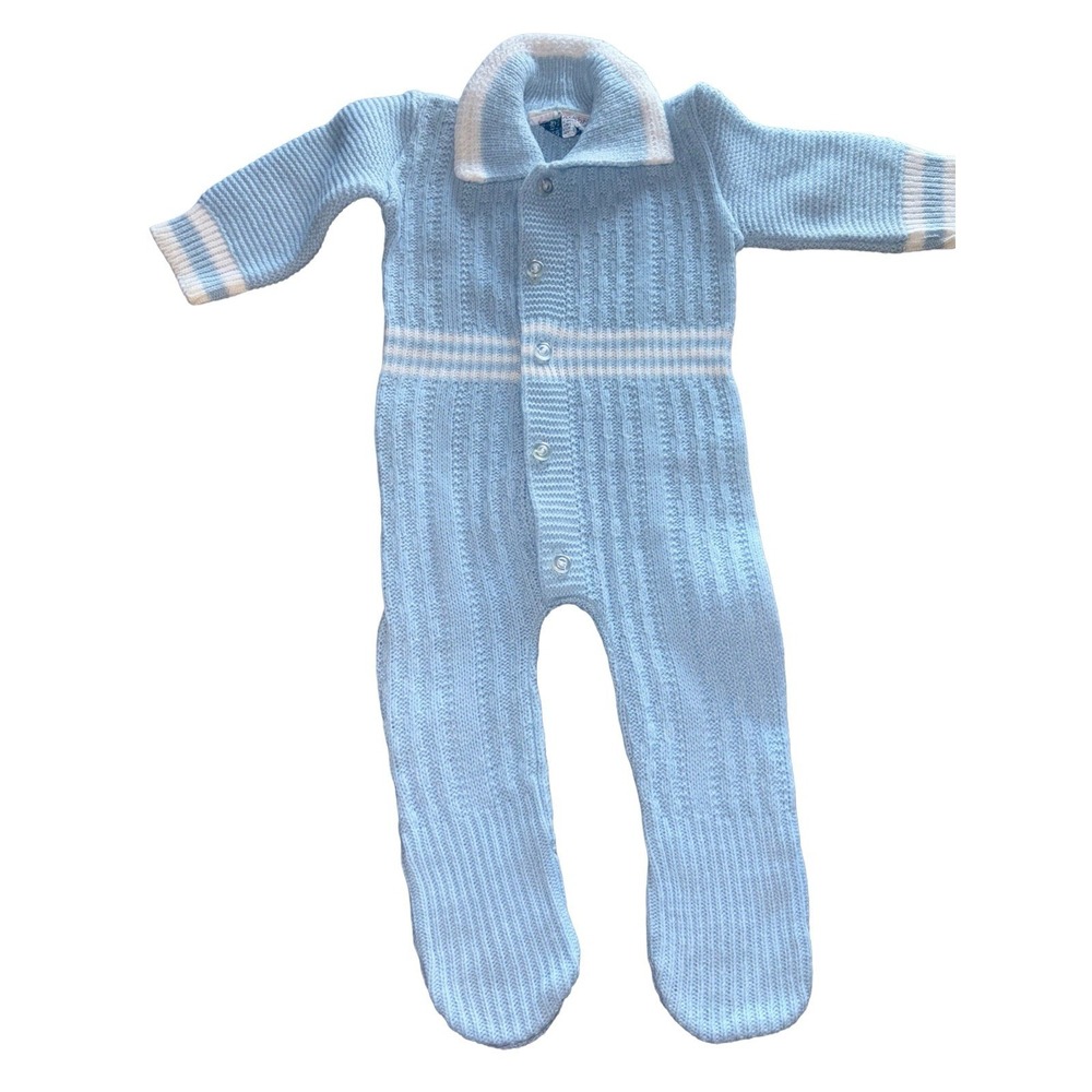 Vintage 1980's Cradle knit Collared Blue Footie One Piece Stripe Button 0-3M